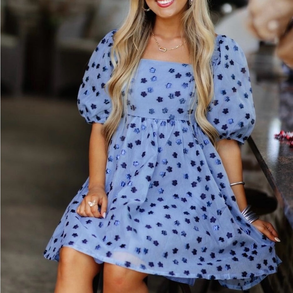 TCEC Light Blue Navy Dainty Coquette Puff Sleeve Floral Lined Mini Dress Size S - Picture 2 of 10